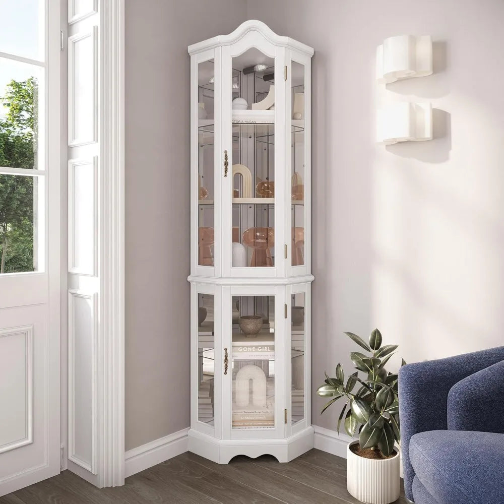 Lighted 3-Side Glass Display Curio Cabinet w/ Tempered Glass Doors and Shelves, Curved Wood Corner Cabinet