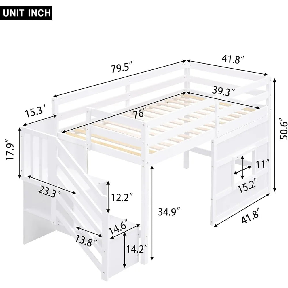 Twin-Size Loft Bed with Storage, Steps, and Spacious Underbed Area for Teens and Children, Solid Wood Construction, Full-Size
