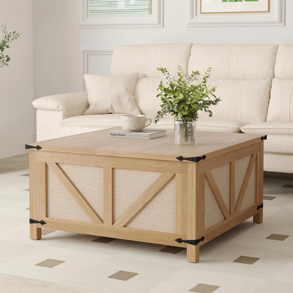 35'' Lift Top Coffee Table, Square Rattan Center Table with Large Hidden Storage, Farmhouse Coffee Tables for Living Room, Home