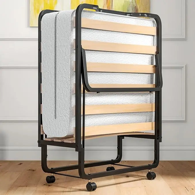 Folding Bed with Mattress for Adults, Cot Size Rollaway Bed for Guest, Portable Foldable Bed w/Memory Foam Mattress & Metal Fra