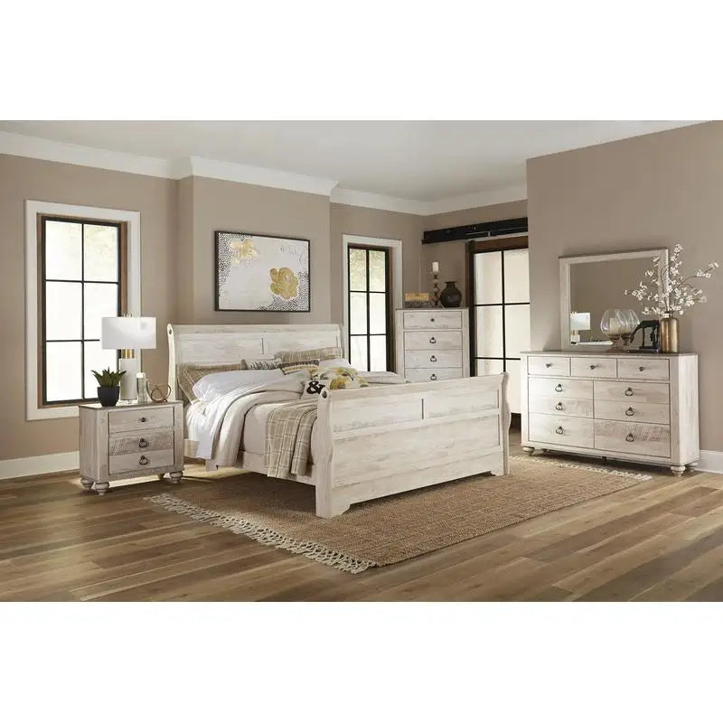Contemporary White Wash Finish King Sleigh Bed Bedroom Set with Dresser, Mirror, 2 Nightstands, and Chest