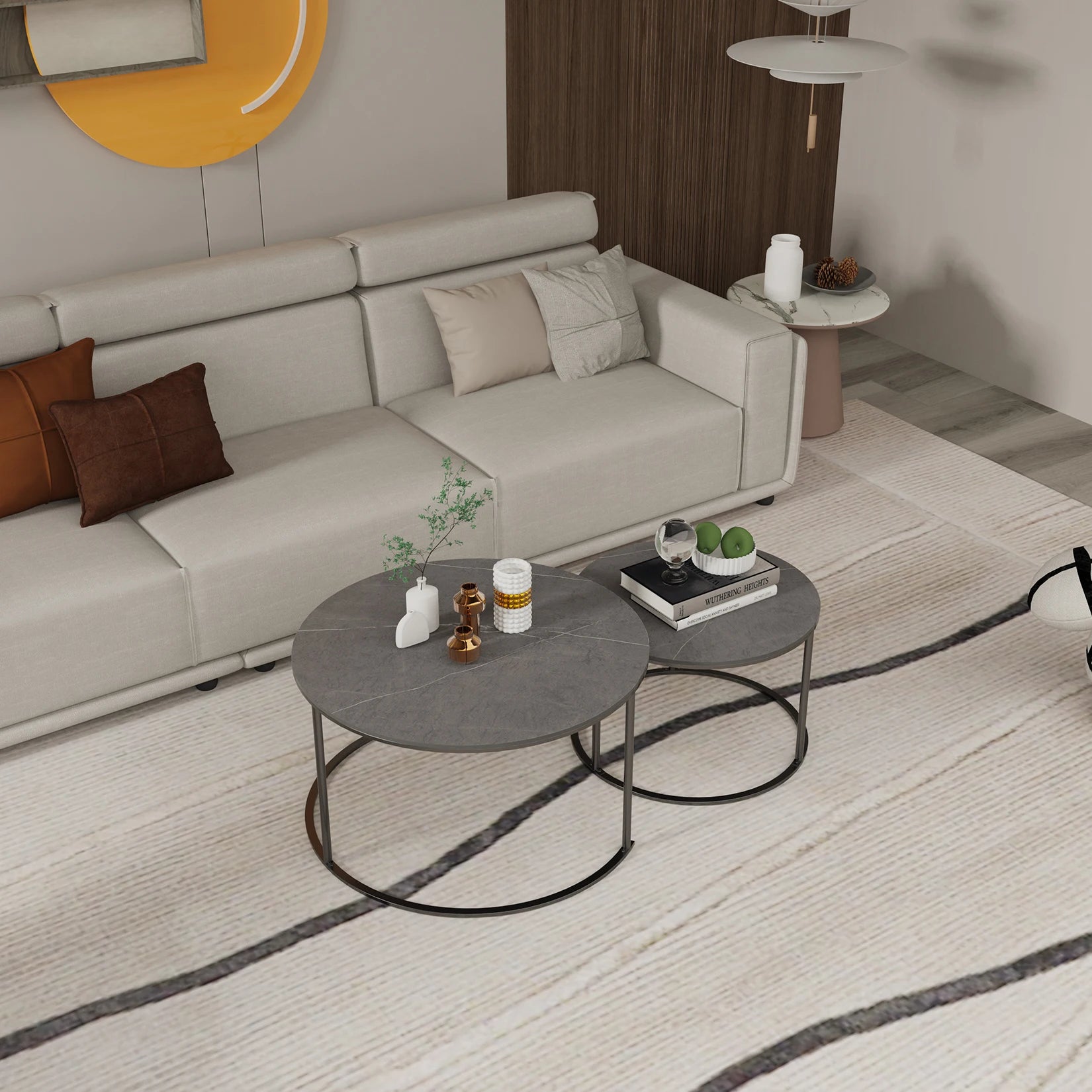 Modern Nesting Round Grey Marble Top Coffee Table Set/ Sintered Stone Table/ Metal Legs Home Furniture