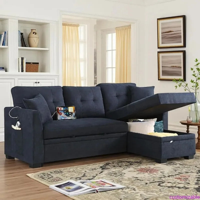 Convertible Sleeper Sofa Bed with L-Shaped Sectional, Reversible Storage Chaise, Dual USB Ports, and Side Pockets