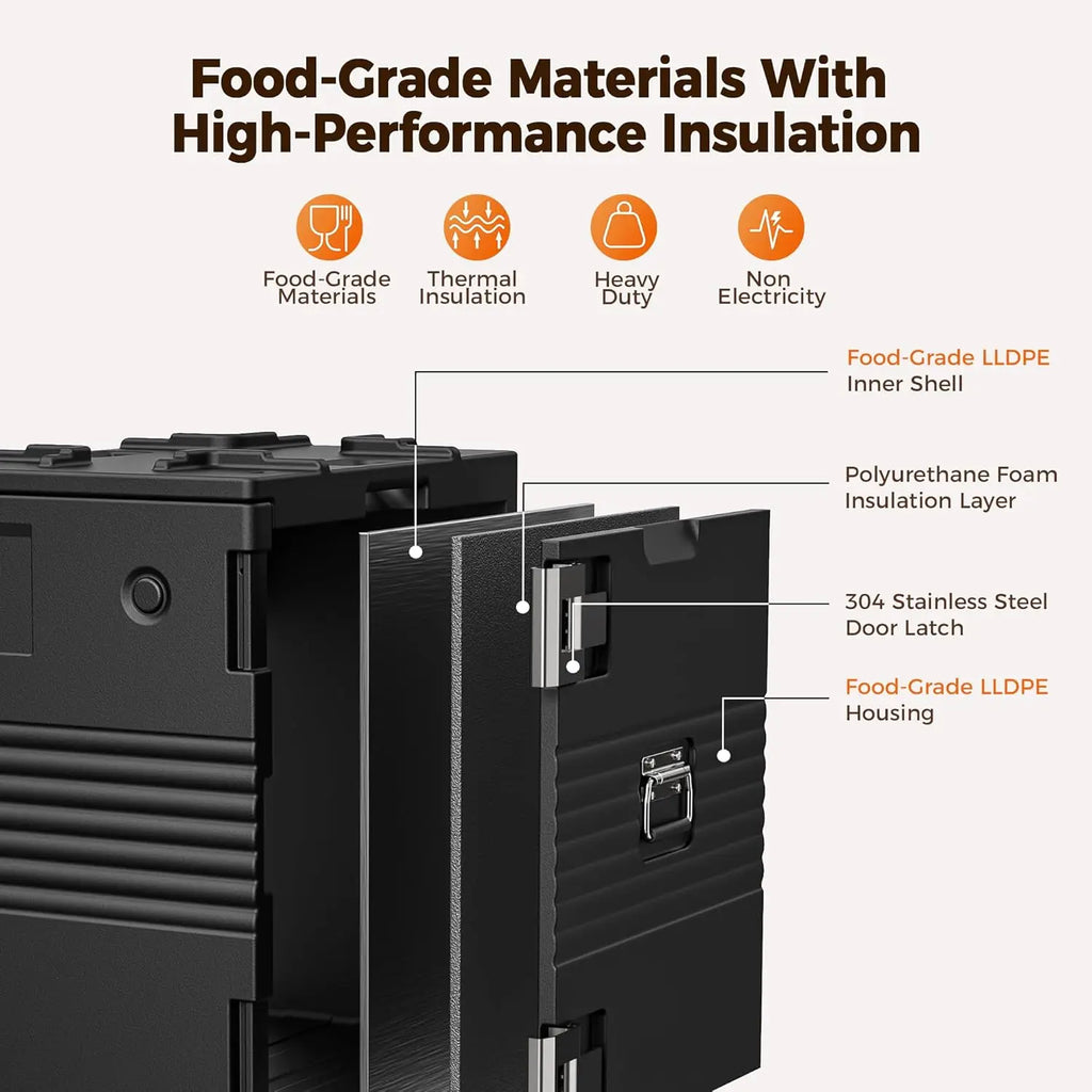 127QT Insulated Food Carrier with Swivel Casters, Stainless Steel Latch and Door Shaft, Suitable for 8 Full-Size Trays