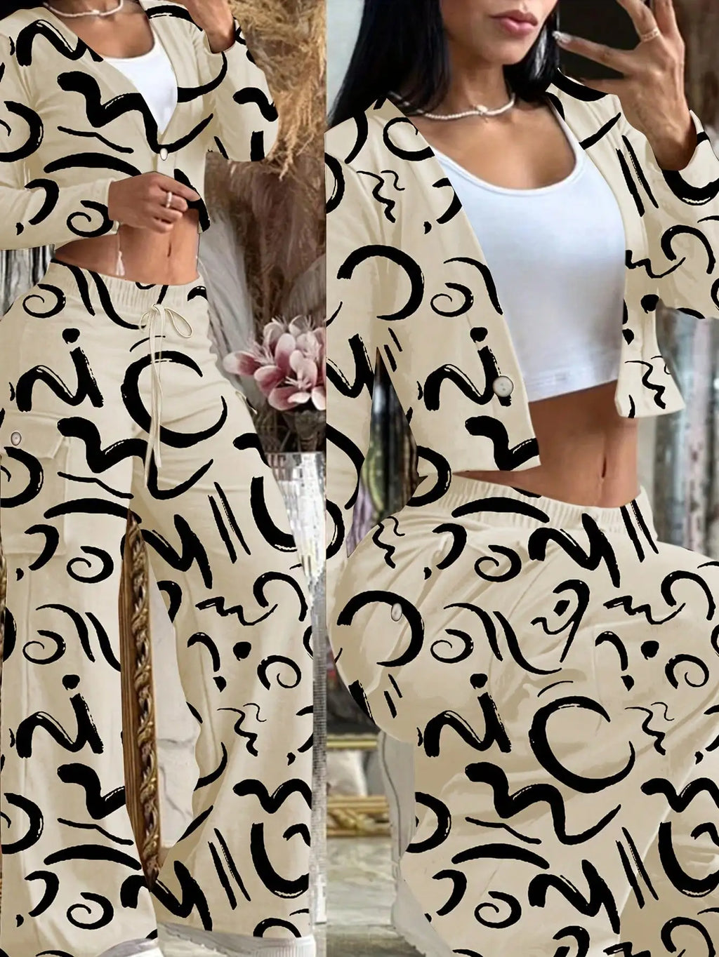 BWQ 2pcs/Set Women Popular Orange Knit Cardigan & Cargo Pant | V-Neck Button-Up Top Pants With Drawstring Waist | Elegant Casual