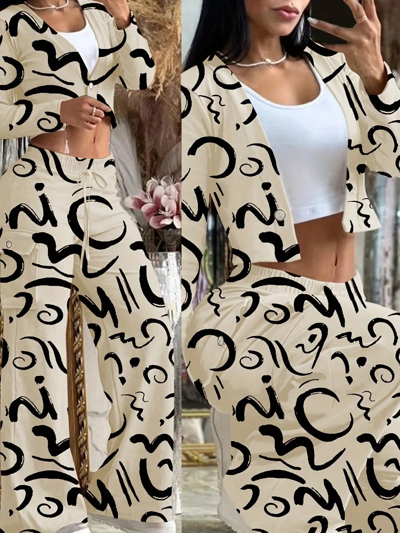 BWQ 2pcs/Set Women Popular Orange Knit Cardigan & Cargo Pant | V-Neck Button-Up Top Pants With Drawstring Waist | Elegant Casual