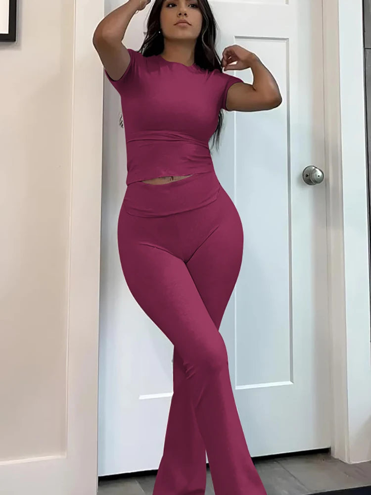 Women's Two-Piece Sports Leisure Yoga Set, Short-Sleeved/ Cuffed Flared Trousers, Sports Set