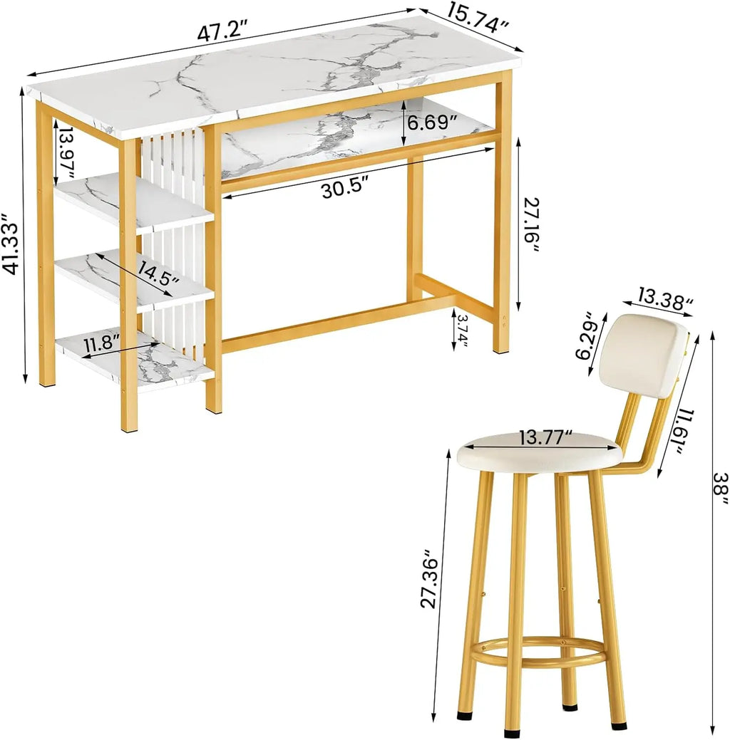 3-Piece Bar Table and Chairs Set, Modern White Faux Marble Table with 2 Cushion Bar Stools, Kitchen Counter