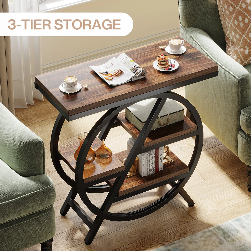 Tribesigns End Table for Living Room, 3-Tier Narrow Side Table with Storage, Wood Sofa Side Table with Geometric Metal Frame