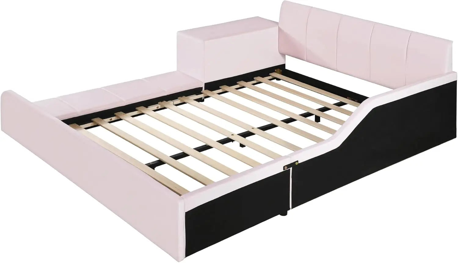 Velvet Upholstered Grounded Platform Bed, Wooden Full Size Mother & Child Bed Frame with Bedside Desk and Little Round Stool