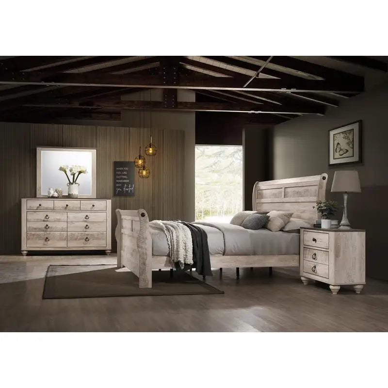 Contemporary White Wash Finish King Sleigh Bed Set with Dresser, Mirror, and 2 Nightstands