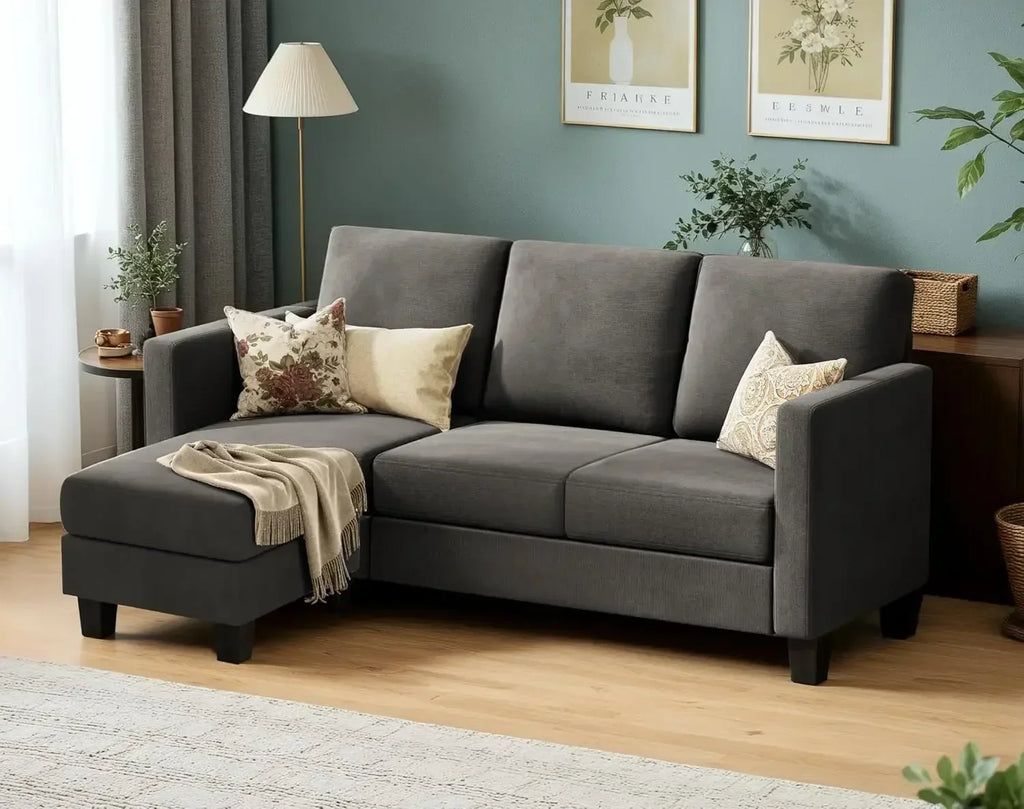 The New-Convertible Sectional Sofa Couch, 3 Seat L-Shaped Sofa With Linen Fabric Ottoman Small Couch For Small Apartments, Dark
