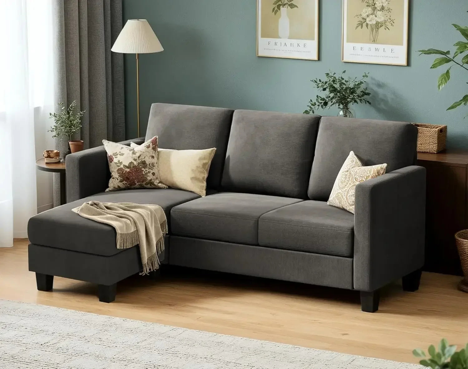 The New-Convertible Sectional Sofa Couch, 3 Seat L-Shaped Sofa With Linen Fabric Ottoman Small Couch For Small Apartments, Dark