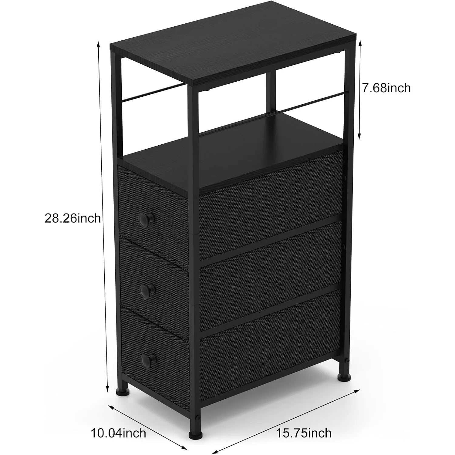 Narrow Slim Dresser & Bedside Table | 3 Fabric Drawers w/ Open Shelves | Space-Saving Storage Cabinet