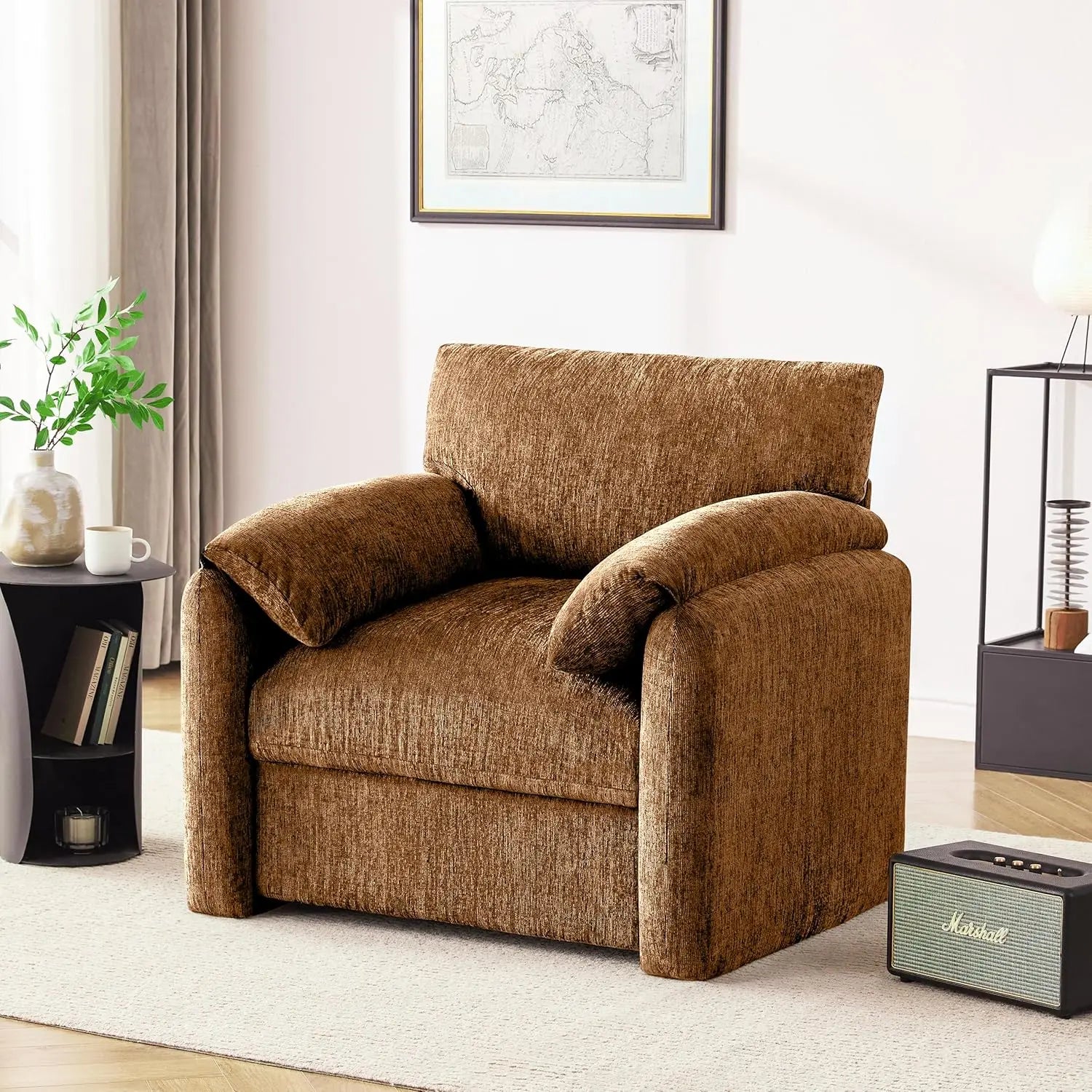 38.6in Chenille Oversized Armchair Mid-Century Upholstered Lounge Reading Chair Living Room Bedroom Beige Customized