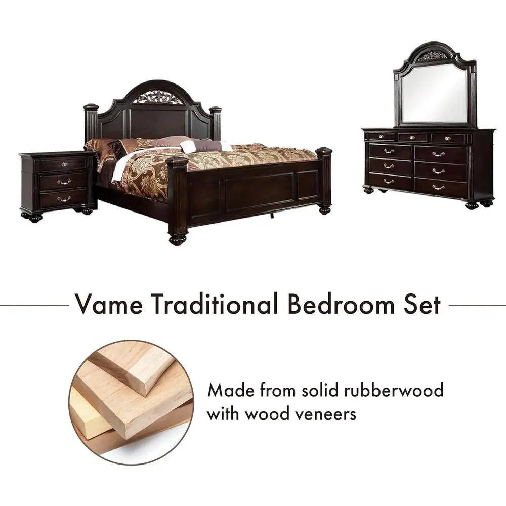 6-Piece Solid Wood Traditional Bedroom Set with Chest, Mirrored Dresser, 2 Nightstands, Requires Box Spring, Queen Size, Walnut