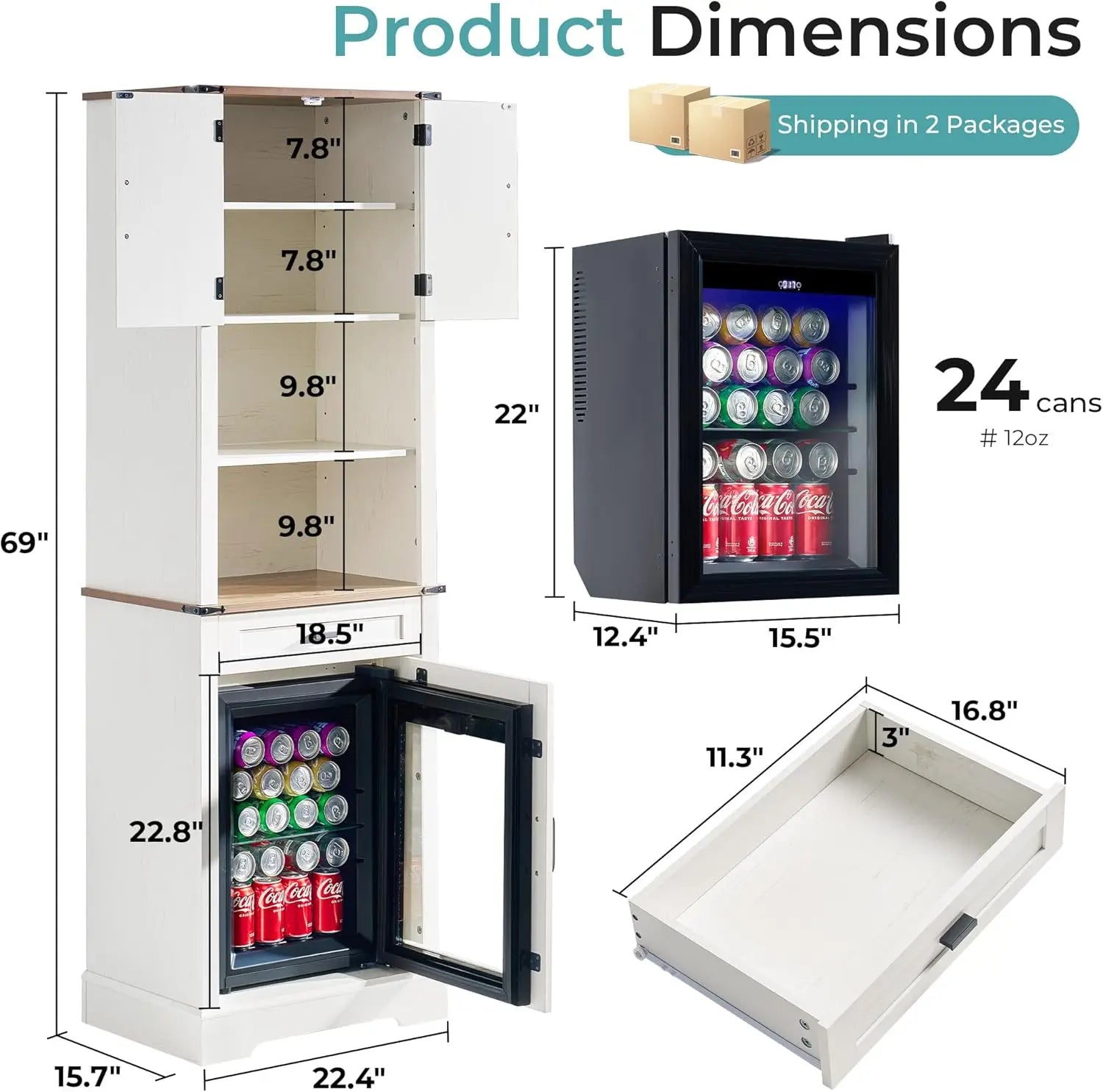 Bar Cabinet with Fridge (Included), 69" Farmhouse Wine Cabinet with Storage Drawers & Adjustable Shelves