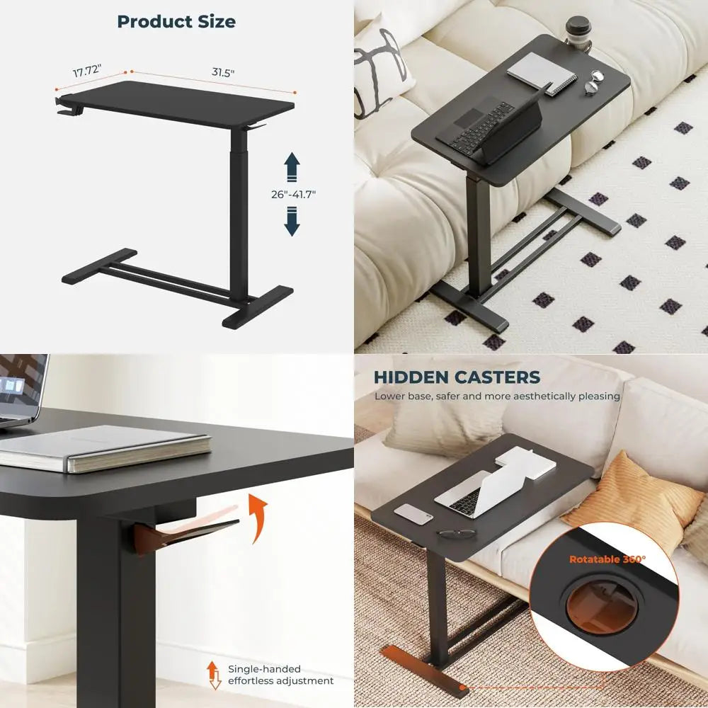 Adjustable Overbed Table with Hidden Wheels, Mobile Laptop Desk with Tray for Home Use