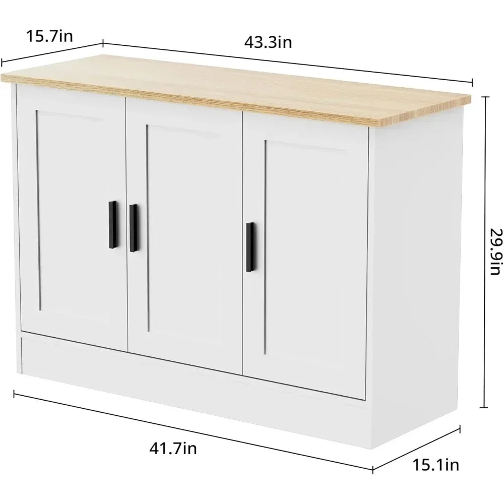43.3”W White 3 Door Buffet Cabinet, Coffee Bar with Adjustable Shelf, Kitchen Sideboard for Living Room, Kitchen