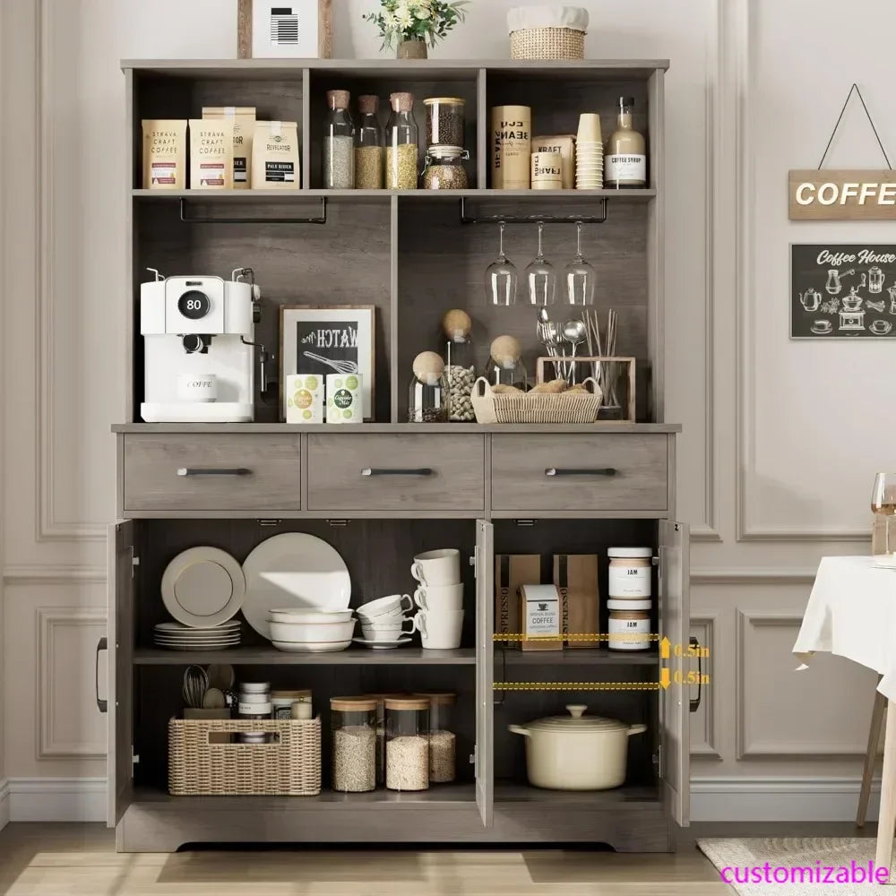 Buffet Cabinet with Hutch, Farmhouse Kitchen Buffet Sideboard Storage with 3 Drawers, Barn Door Coffee Bar Station/ Liquor