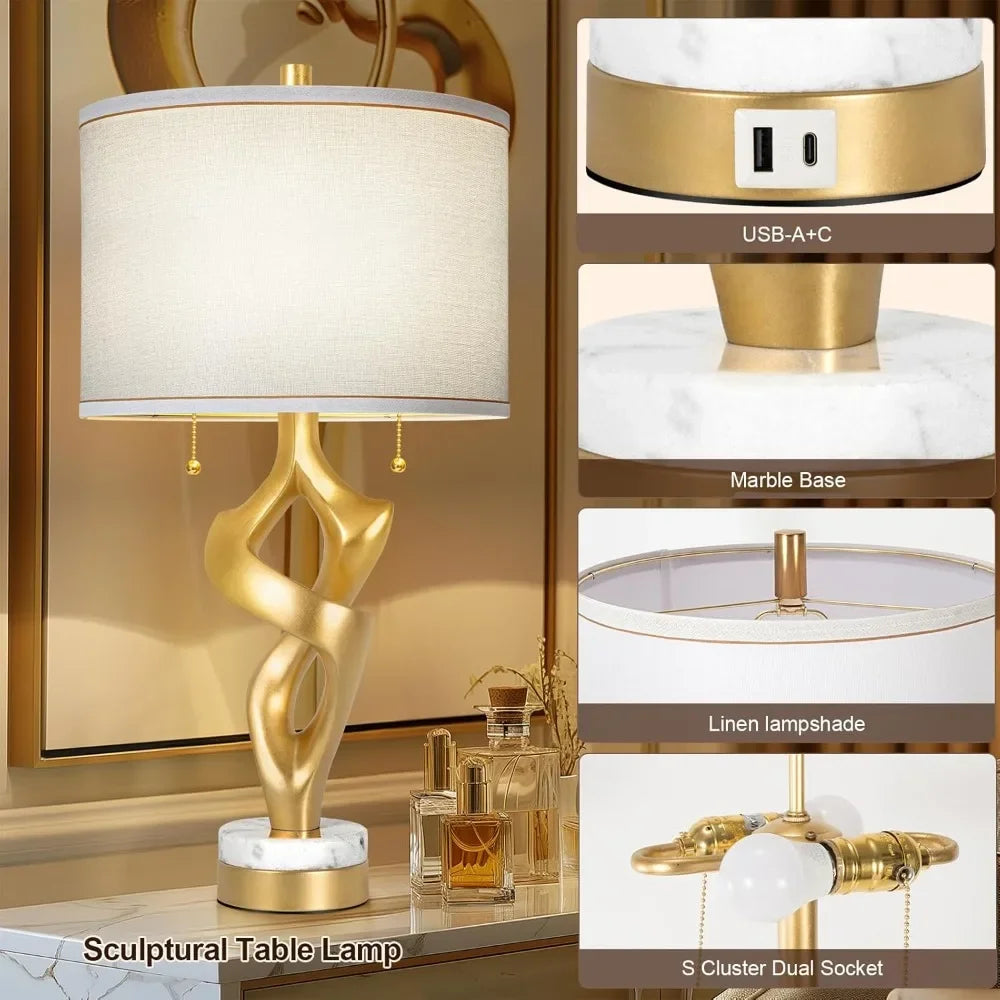 Customizable Scenekoy Sculptural Table Lamp Set of 2 for Living Room with Marble Base & USB Ports, Gold Leaf Finish Rustic