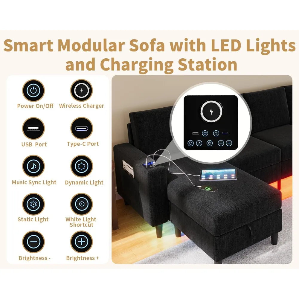 Smart Sectional Couches for Living Room, 6 Seat U/L Shaped Sectional Sofa with RGB Light/Charging,