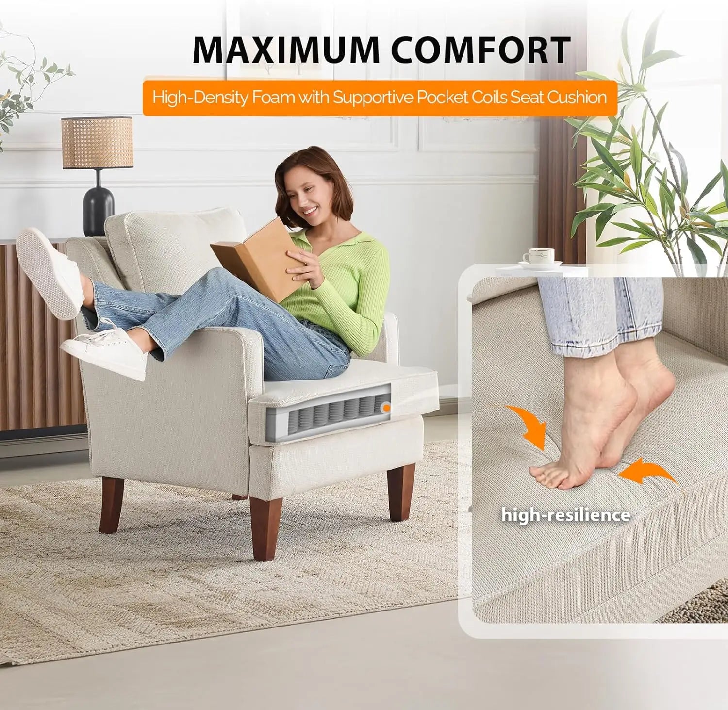 Mid-Century Accent Chairs Set Of 2, Beige Upholstered Armchair Comfy Sofa Chairs for Reading, Chairs have High Backs