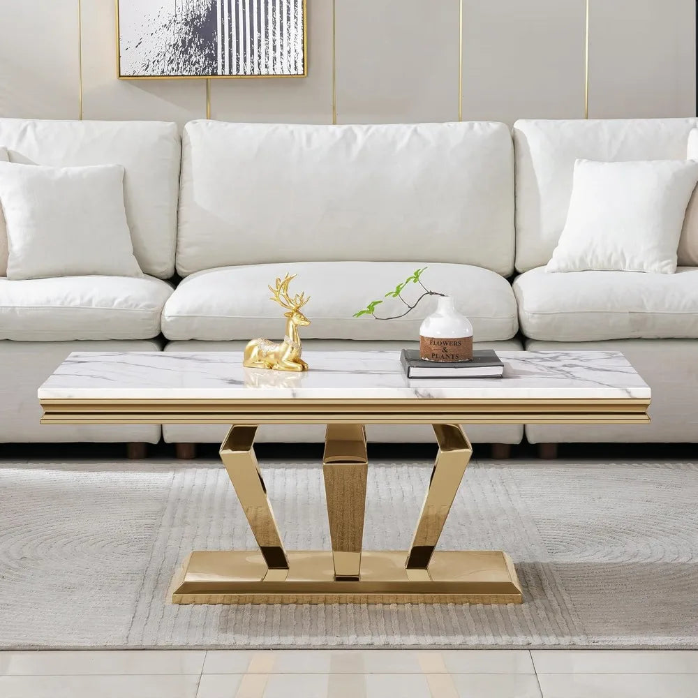 Luxury Marble Coffee Table with Stainless Steel Pedestal, 47" Modern Gold Coffee Table for Living Room, Rectangle Faux Marble