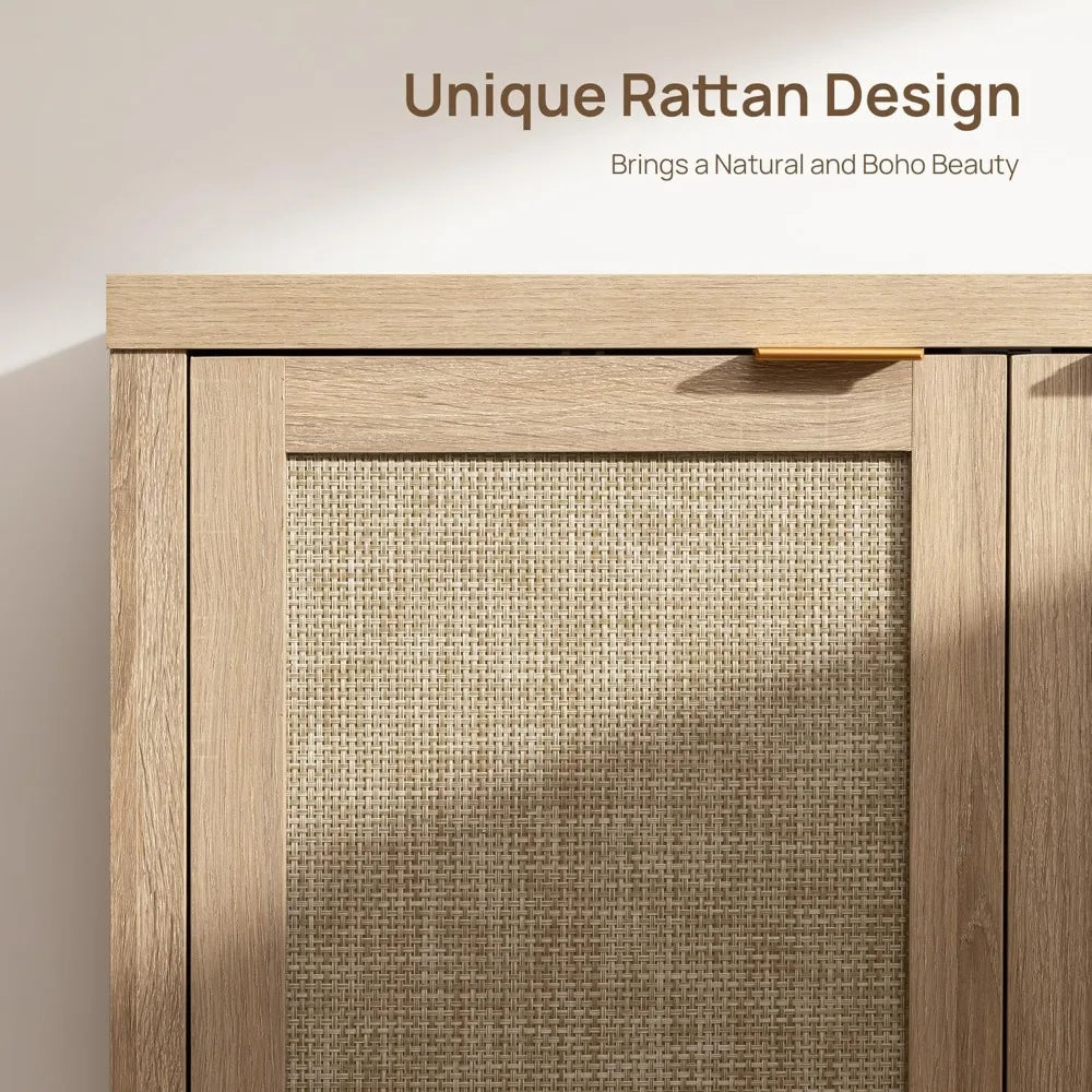 Rattan Sideboard Buffet Cabinet - Boho Large Credenza Storage Coffee Bar Cabinet with Rattan Storage, Buffet Console/ Accent Table
