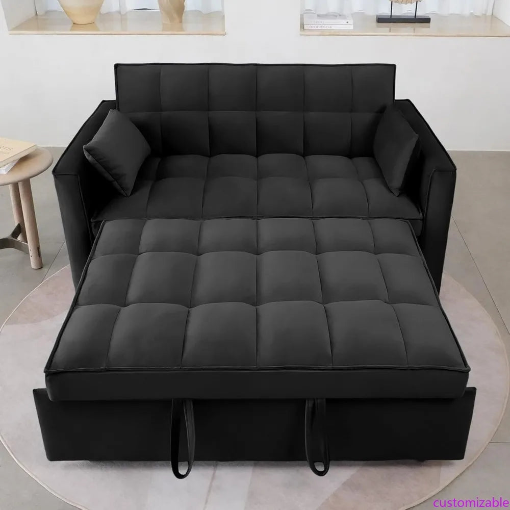55.3 Inch 3-in-1 Velvet Futon Bed and Loveseat, Convertible Sleeper Sofa with Pillows and Pockets for Living Rooms and Apartment