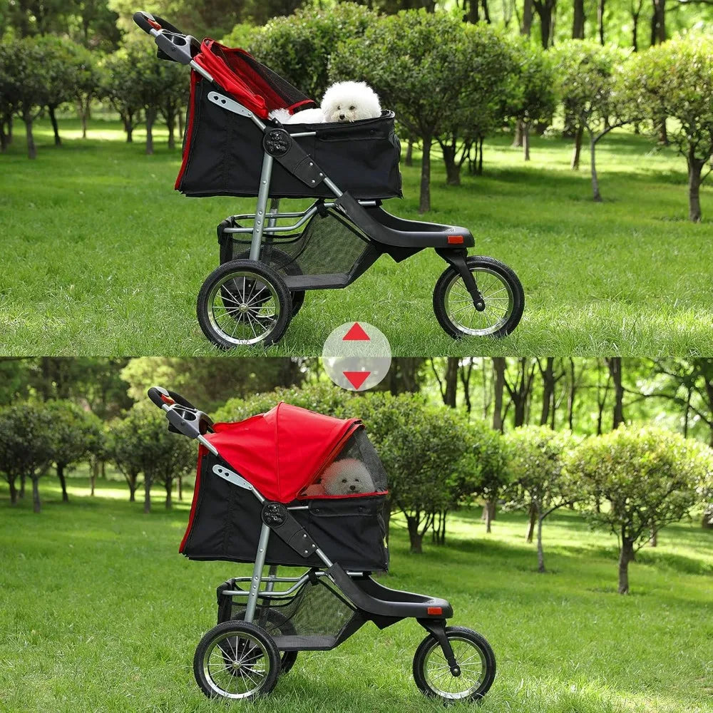 Rugged 3-Wheel Dog and Cat Stroller for Medium and Small Pets with Foldable Design and Suspension