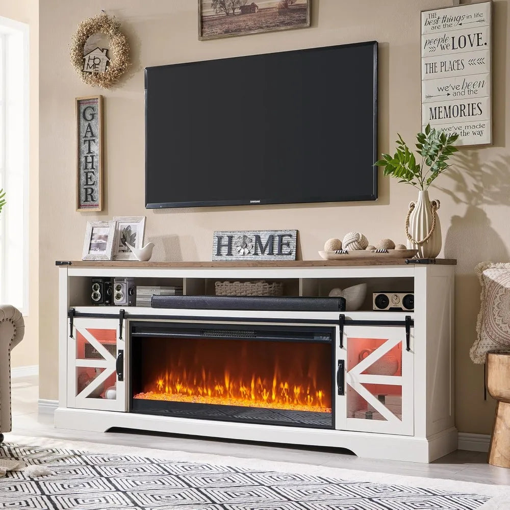 Fireplace TV Stand for 85" TV, 33" Tall Highboy Farmhouse Entertainment Center w/42'' Electric Fireplace & LED Light, Rustic