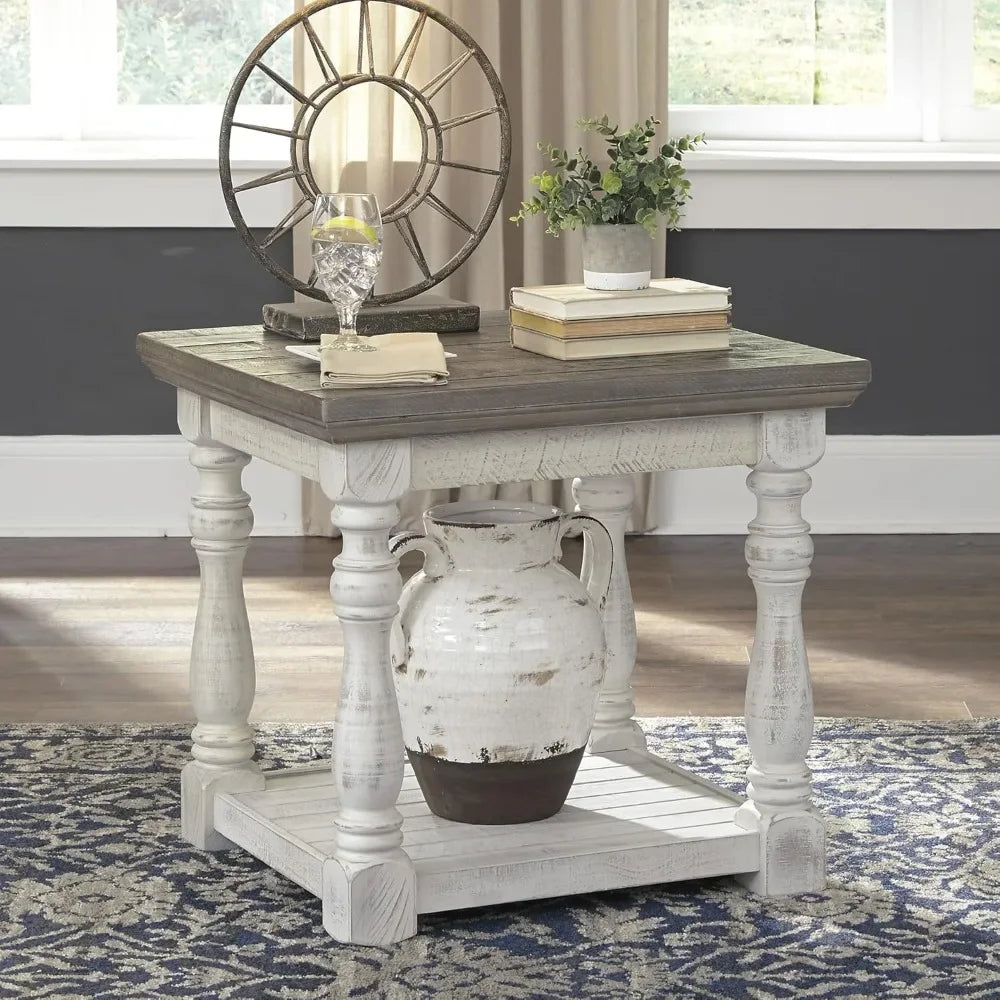 Limited Time Offer, Farmhouse Square End Table with Floor Shelf, Vintage Gray & White with Weathered Finish