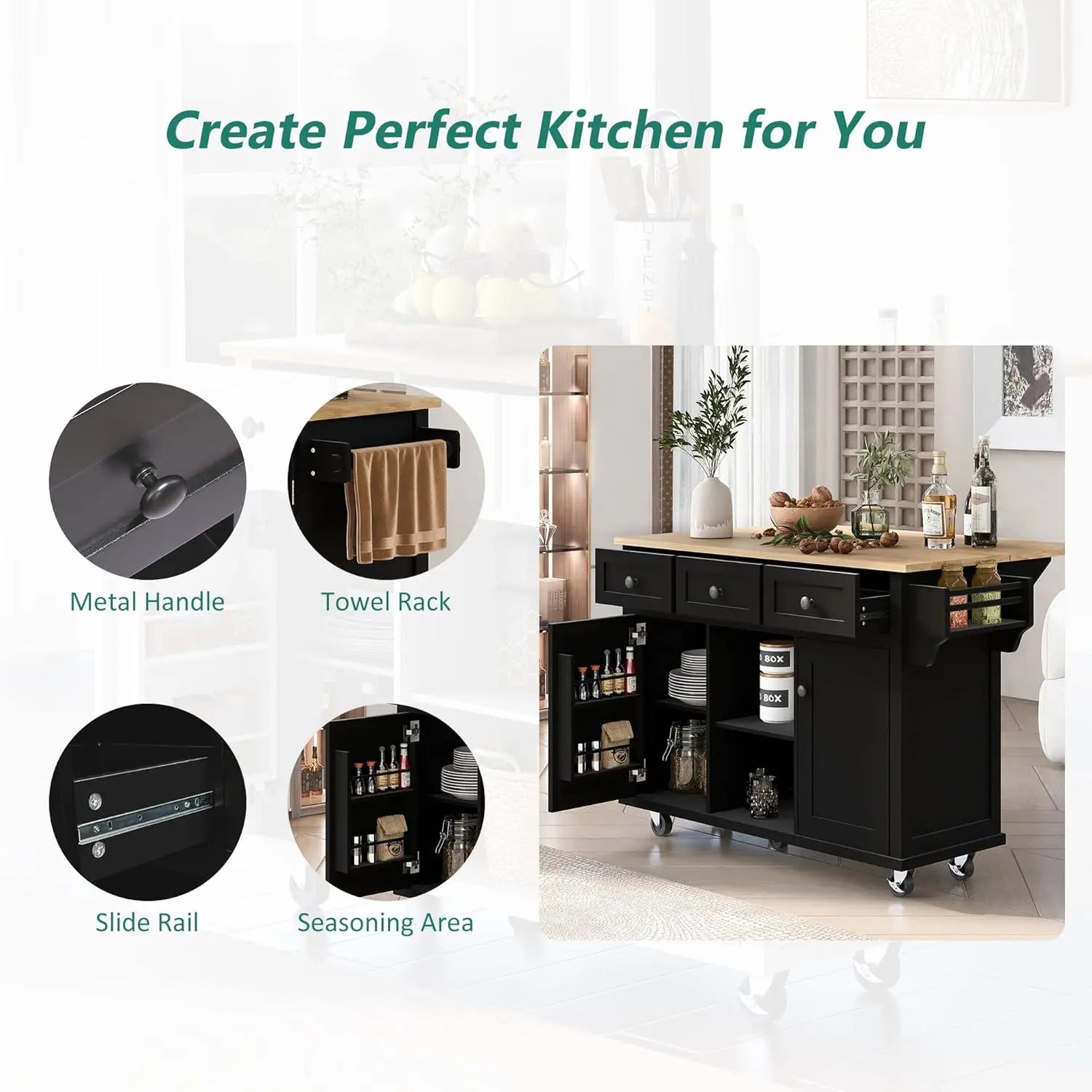 Rolling Kitchen Island with Drop Leaf, Kitchen Cart on Wheels with 3 Drawers and 2 Cabinets, Wood Portable Trolley, Customized