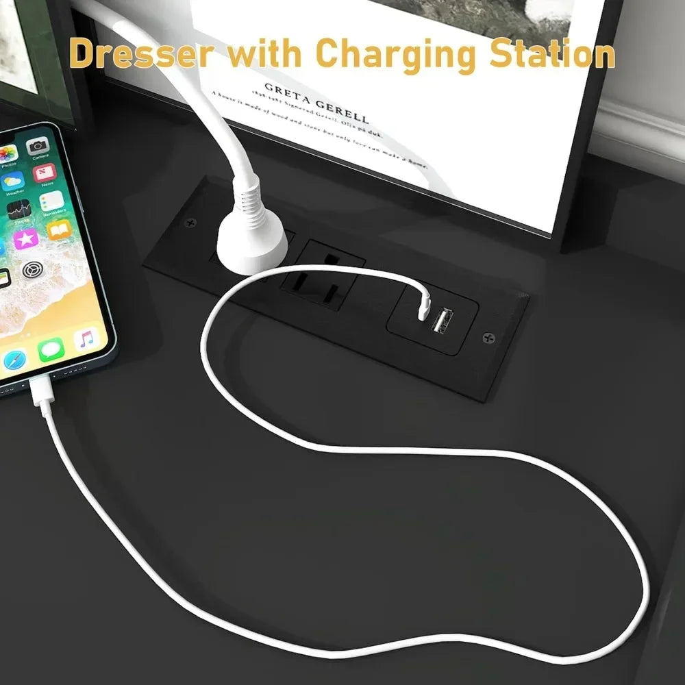 9 Drawer Dresser with Charging Station and LED Lights, Modern Chest of Drawers with Power Outlet, Organizer Cabinet for Bedroom,