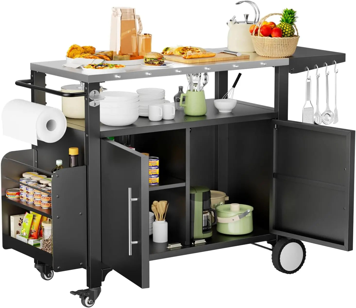 Outdoor Grill Cart with Storage ,Patio Kitchen Island with Wheels, Hooks, and Spice Rack, Waterproof Outdoor Grill Table