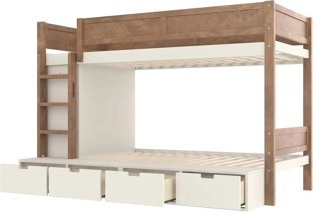 Twin Over Twin Bunk Bed with 4 Drawers for Kids, Wood Twin Bunk Beds with Wardrobe and Full-Length Guardrails, Beige+Natural