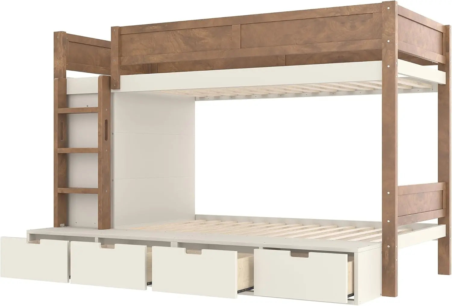 Twin Over Twin Bunk Bed with 4 Drawers for Kids, Wood Twin Bunk Beds with Wardrobe and Full-Length Guardrails, Beige+Natural