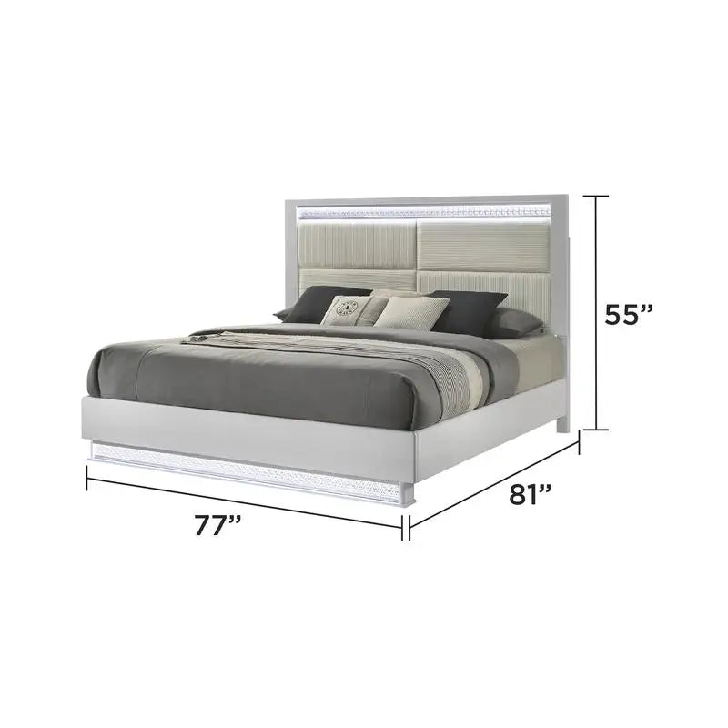 Modern 4-Pc King Bed Set with LED Headboard, Wood Construction in White Finish