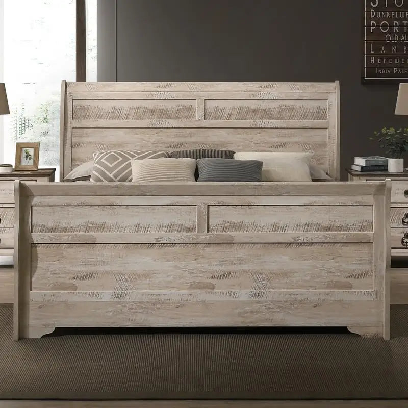 Contemporary White Wash Finish King Sleigh Bed Set with Dresser, Mirror, and 2 Nightstands