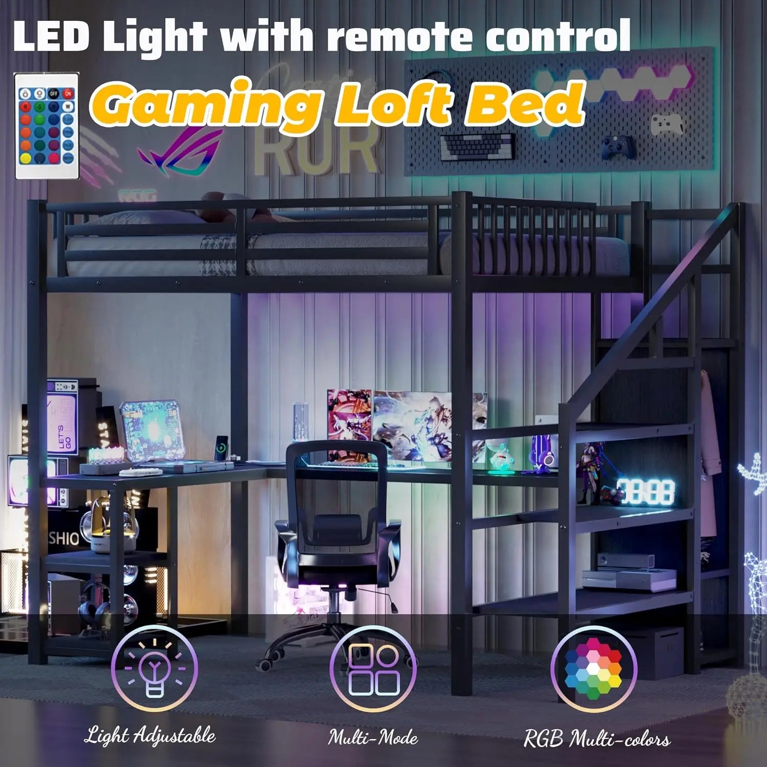 Full Size Gaming Loft Bed with LED Lights, Stairs, Desk & Storage Wardrobe for Adults Kids Teens