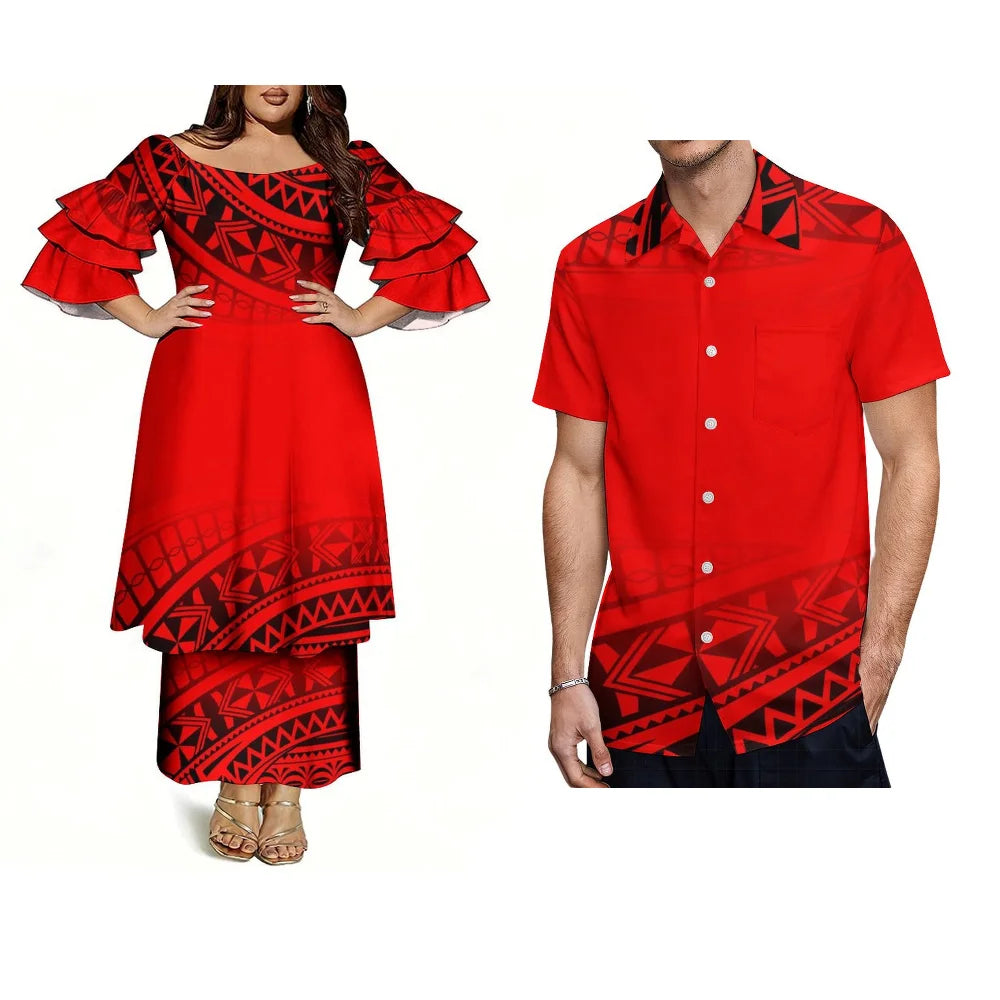 Customized Men's Short-Sleeved Shirts With Polynesian Pacific Island/ Ethnic Style Fashionable Women's Elegant Dresses