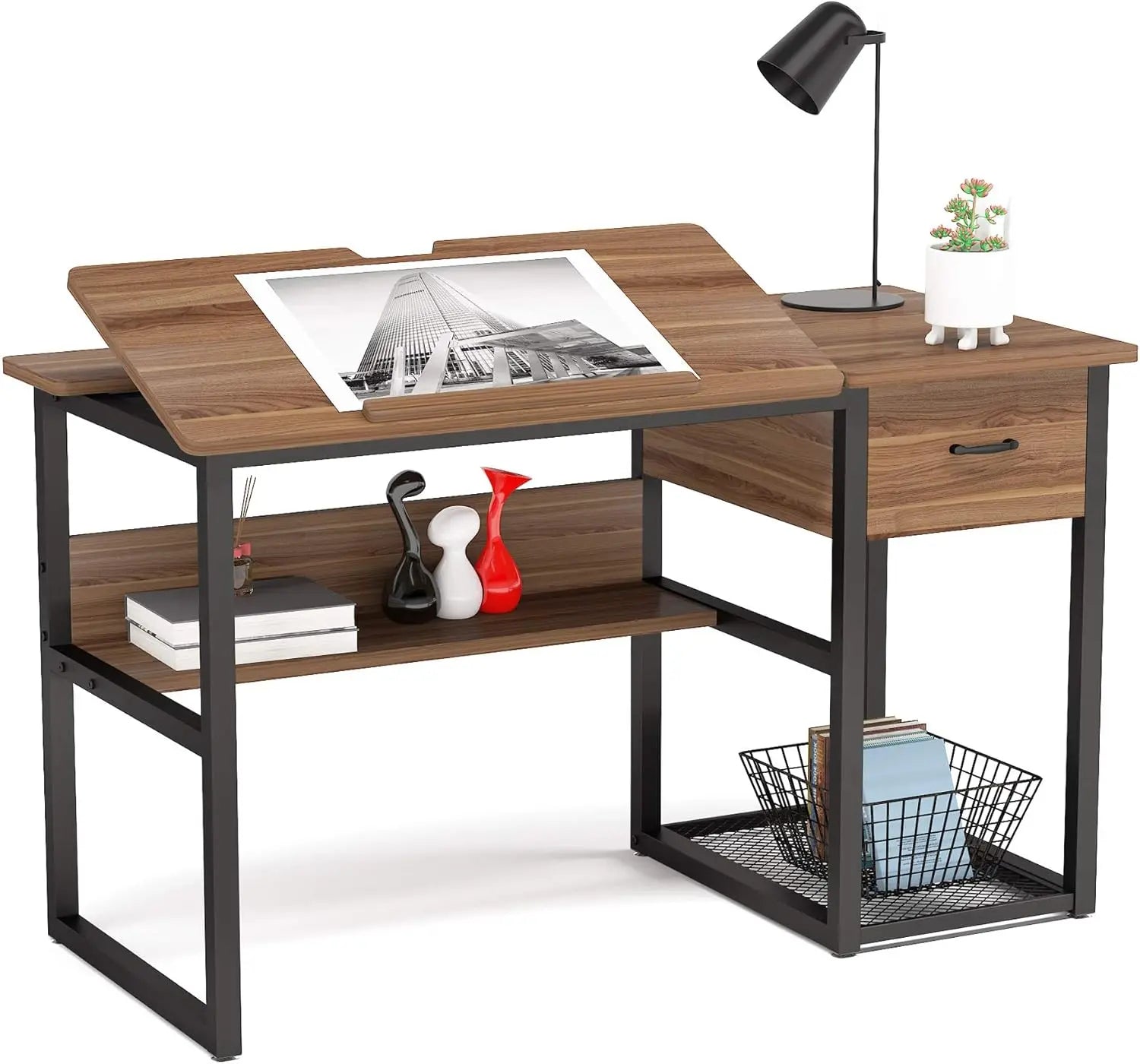 Drafting Table with Storage Drawers, Drawing, Computer Desk, Artist Craft Table, Painting, Workstation with Shelves & Tiltable