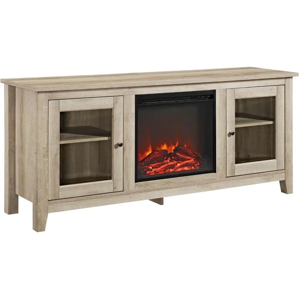 Rustic Wood And Glass Fireplace TV Stand For TV's Up To 64" Flat Screen Living Room Storage Cabinet Doors