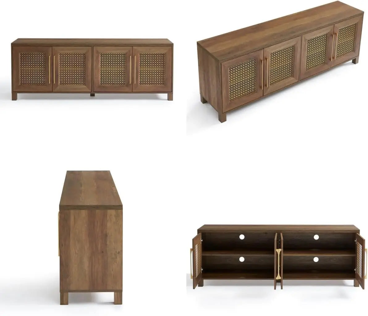 TV Stand for TVs Up to 75", 69.5" Rustic Oak Entertainment Center with 4 Gold Metal Mesh Doors