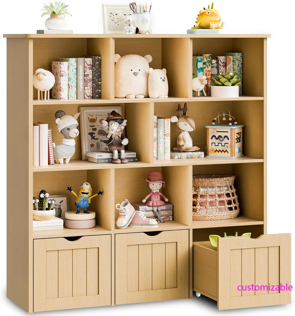 Oak Multifunctional Toy Organizer with 3 Movable Drawers and 8 Storage Cubbies, Kids Bookshelf and Toy Chest Shelf Organizer