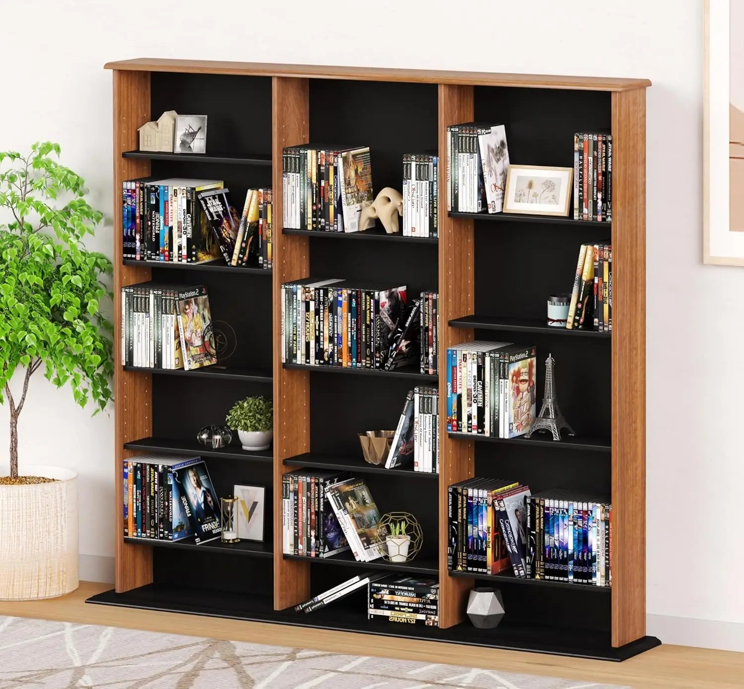 3 Column Tall Cabinet Media Storage, Triple Width Wall, Cherry/Black