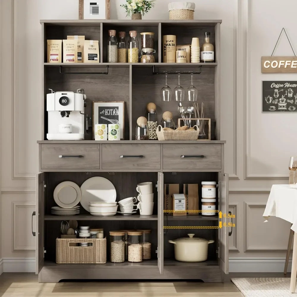 Buffet Cabinet with Hutch, Farmhouse Kitchen Buffet Sideboard Storage with 3 Drawers, Barn Door Coffee Bar Station/ Liquor