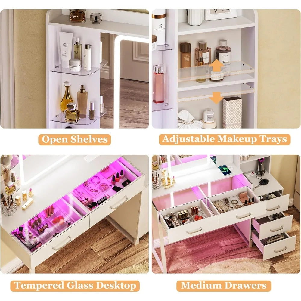 Luminated 43" Makeup Vanity Desk with Glass Surface and Wireless Charging, Featuring LED Drawers in 3 Color Options