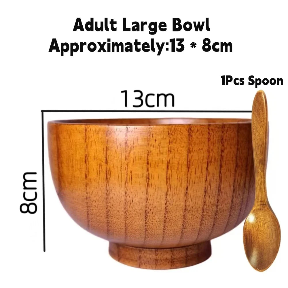 Kitchen Natural Wooden Soup Bowls,Round Fruit Salad Rice Bowls,With Spoon Set Food Containers Bowls,Large Tableware Noodle Bowls